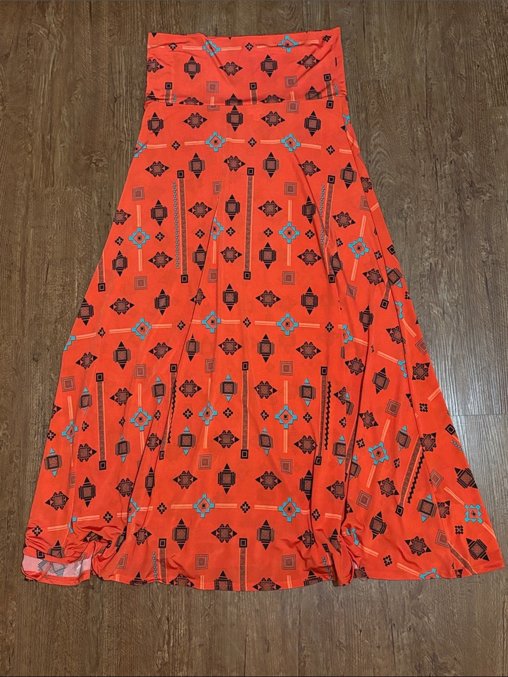 LuLaRoe Bright Orange Maxi Skirt with Turquoise & Black Geometric Print